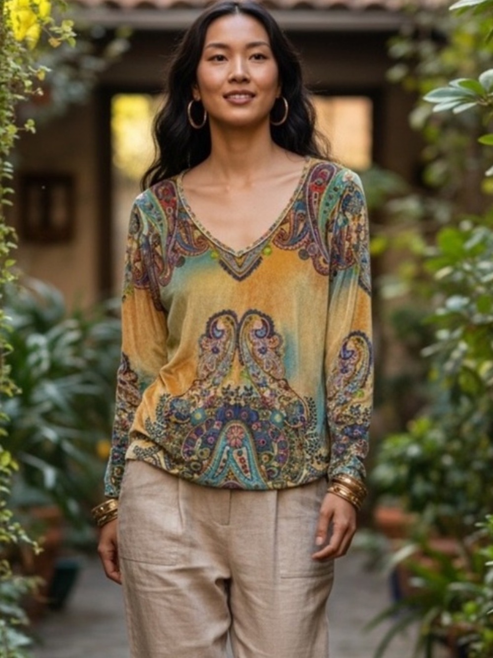 The Pyramid Collection Velvet Printed Top Women's M Boho Chic Multicolor